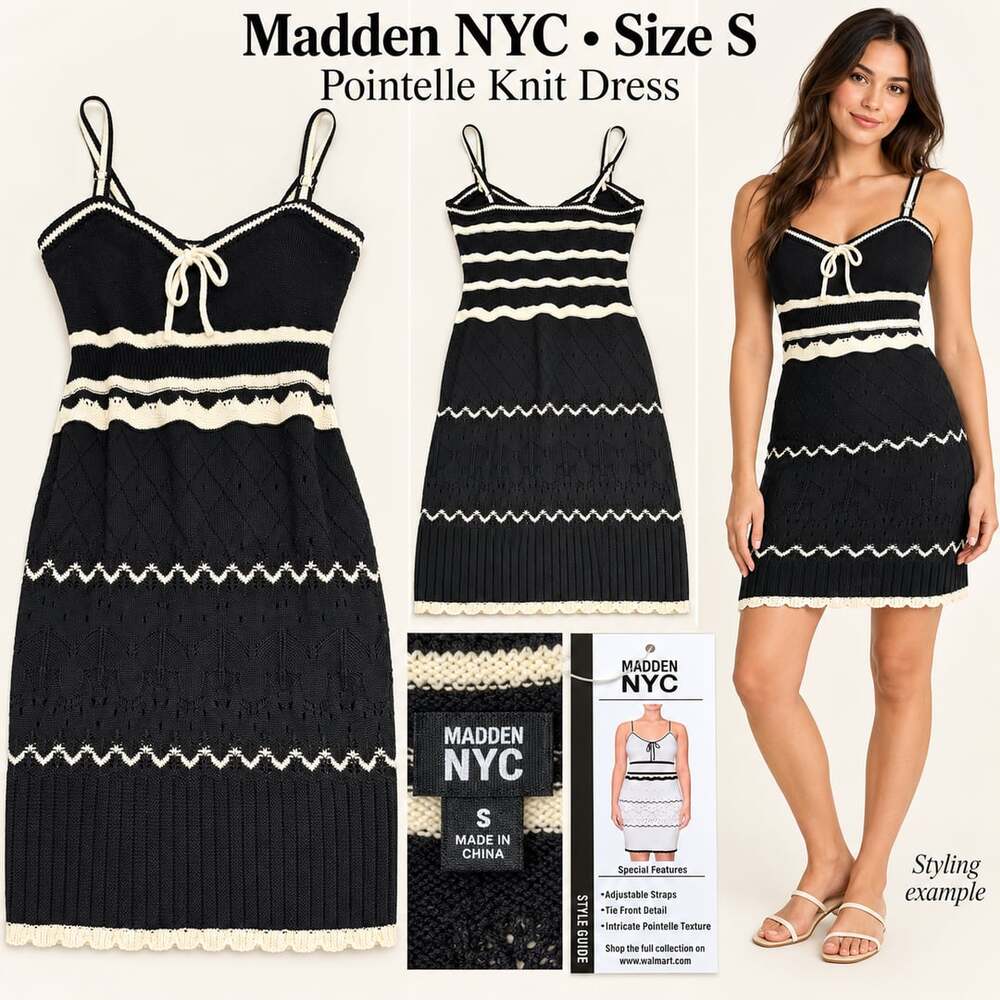 NWT Madden NYC Pointelle Knit Mini Dress Small Black Cream Tie Front Scallop Hem